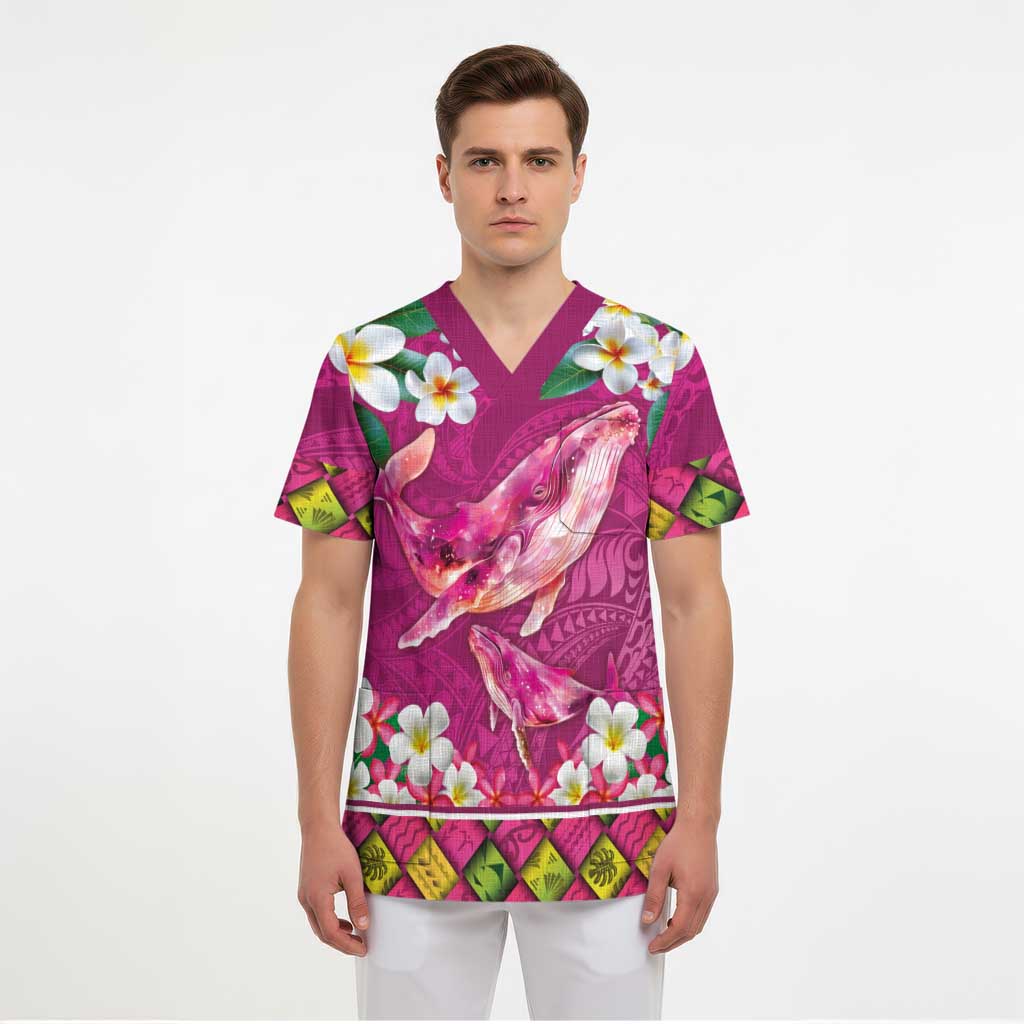 Hawaiian Plumeria and Humpback Whales Scrub Top Polynerian Art Tattoo-Plum Pink Color LT03 - Polynesian Pride