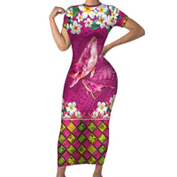Hawaiian Plumeria and Humpback Whales Short Sleeve Bodycon Dress Polynerian Art Tattoo-Plum Pink Color LT03 Long Dress Pink - Polynesian Pride