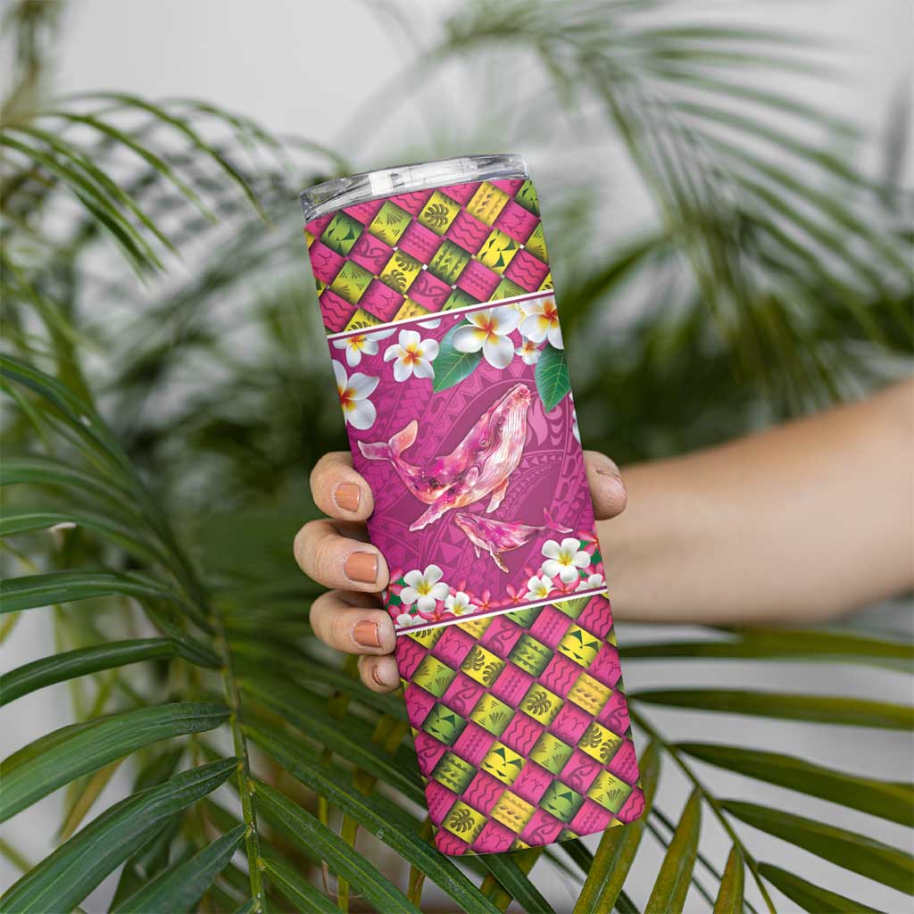 Hawaiian Plumeria and Humpback Whales Skinny Tumbler Polynerian Art Tattoo-Plum Pink Color