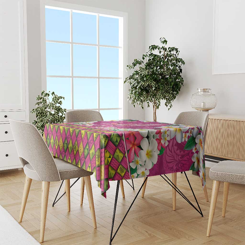 Hawaiian Plumeria and Humpback Whales Tablecloth Polynerian Art Tattoo-Plum Pink Color