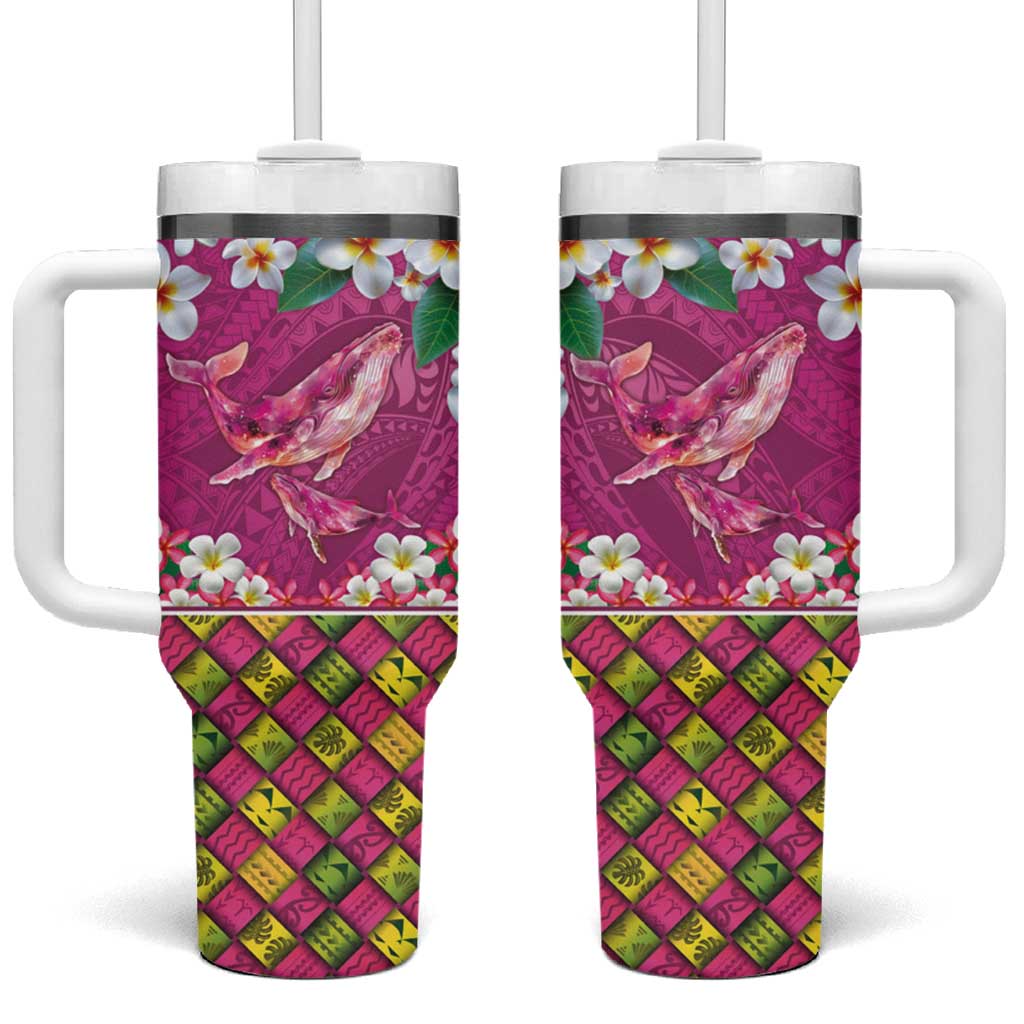 Hawaiian Plumeria and Humpback Whales Tumbler With Handle Polynerian Art Tattoo-Plum Pink Color