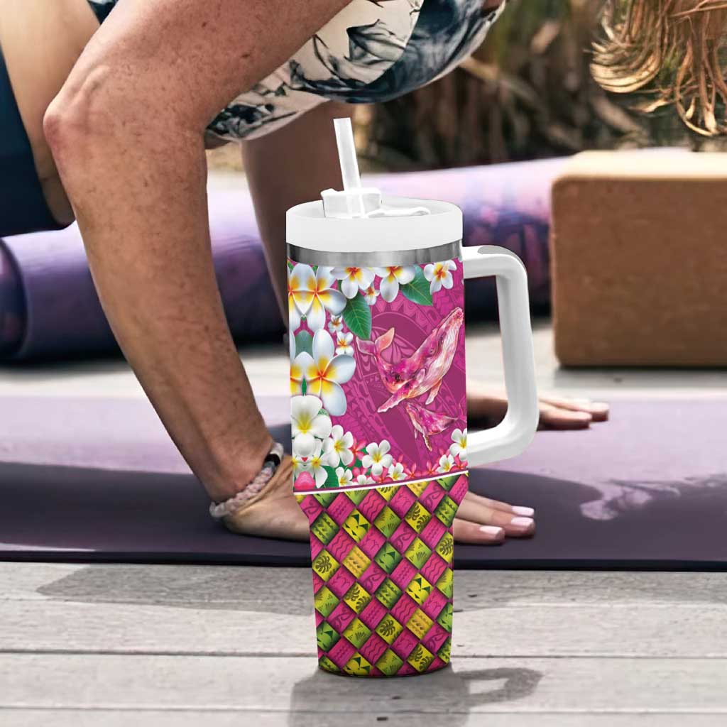 Hawaiian Plumeria and Humpback Whales Tumbler With Handle Polynerian Art Tattoo-Plum Pink Color