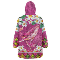 Hawaiian Plumeria and Humpback Whales Wearable Blanket Hoodie Polynerian Art Tattoo-Plum Pink Color