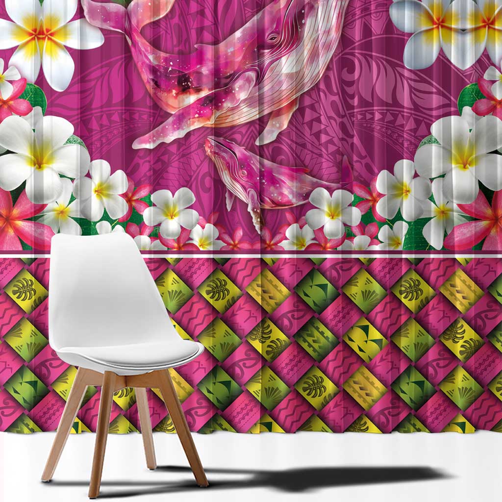 Hawaiian Plumeria and Humpback Whales Window Curtain Polynerian Art Tattoo-Plum Pink Color