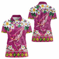 Hawaiian Plumeria and Humpback Whales Women Polo Shirt Polynerian Art Tattoo-Plum Pink Color LT03 - Polynesian Pride