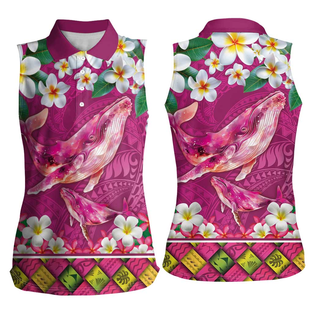 Hawaiian Plumeria and Humpback Whales Women Sleeveless Polo Shirt Polynerian Art Tattoo-Plum Pink Color LT03 - Polynesian Pride