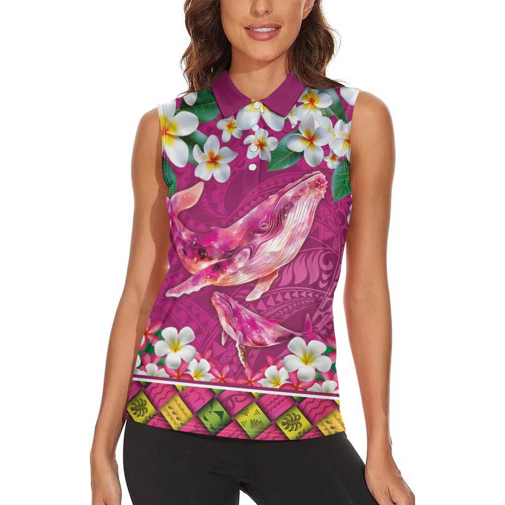 Hawaiian Plumeria and Humpback Whales Women Sleeveless Polo Shirt Polynerian Art Tattoo-Plum Pink Color LT03 - Polynesian Pride