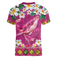 Hawaiian Plumeria and Humpback Whales Women V-Neck T-Shirt Polynerian Art Tattoo-Plum Pink Color LT03 - Polynesian Pride