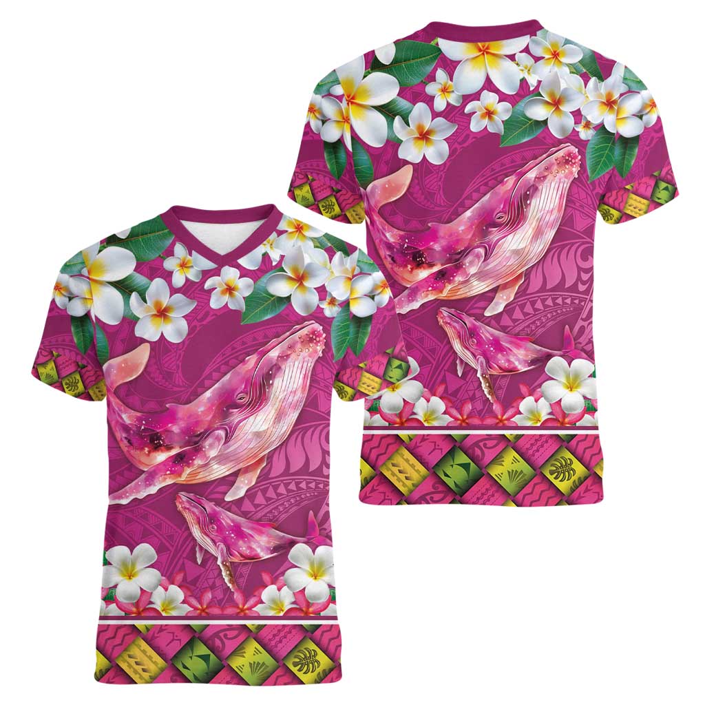 Hawaiian Plumeria and Humpback Whales Women V-Neck T-Shirt Polynerian Art Tattoo-Plum Pink Color LT03 - Polynesian Pride