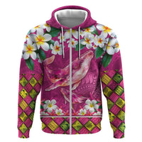 Hawaiian Plumeria and Humpback Whales Zip Hoodie Polynerian Art Tattoo-Plum Pink Color