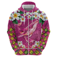 Hawaiian Plumeria and Humpback Whales Zip Hoodie Polynerian Art Tattoo-Plum Pink Color