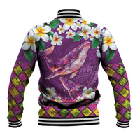 Hawaiian Plumeria and Humpback Whales Baseball Jacket Polynerian Art Tattoo-Mauve Color
