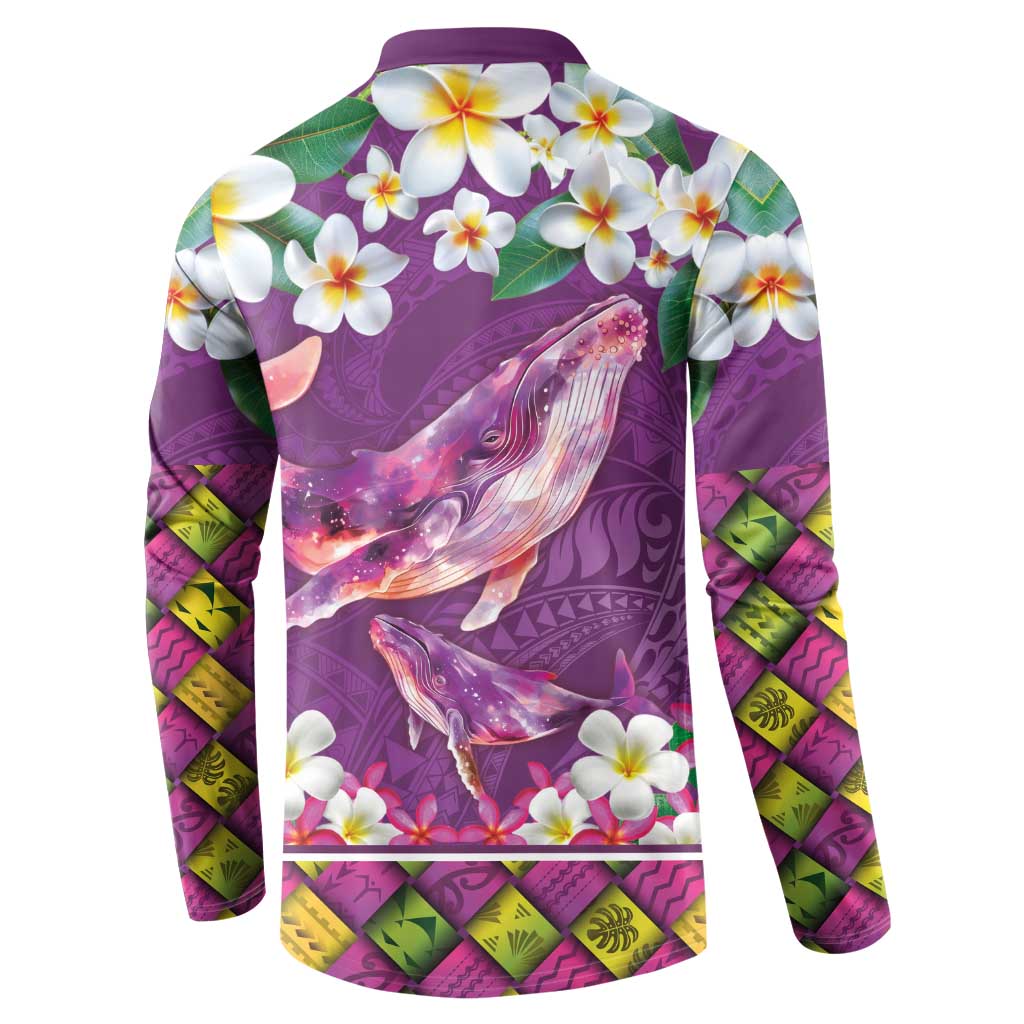 Hawaiian Plumeria and Humpback Whales Button Sweatshirt Polynerian Art Tattoo-Mauve Color