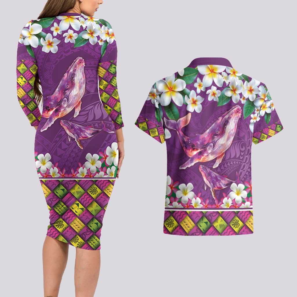 Hawaiian Plumeria and Humpback Whales Couples Matching Long Sleeve Bodycon Dress and Hawaiian Shirt Polynerian Art Tattoo-Mauve Color