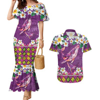 Hawaiian Plumeria and Humpback Whales Couples Matching Mermaid Dress and Hawaiian Shirt Polynerian Art Tattoo-Mauve Color
