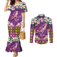 Hawaiian Plumeria and Humpback Whales Couples Matching Mermaid Dress and Long Sleeve Button Shirt Polynerian Art Tattoo-Mauve Color