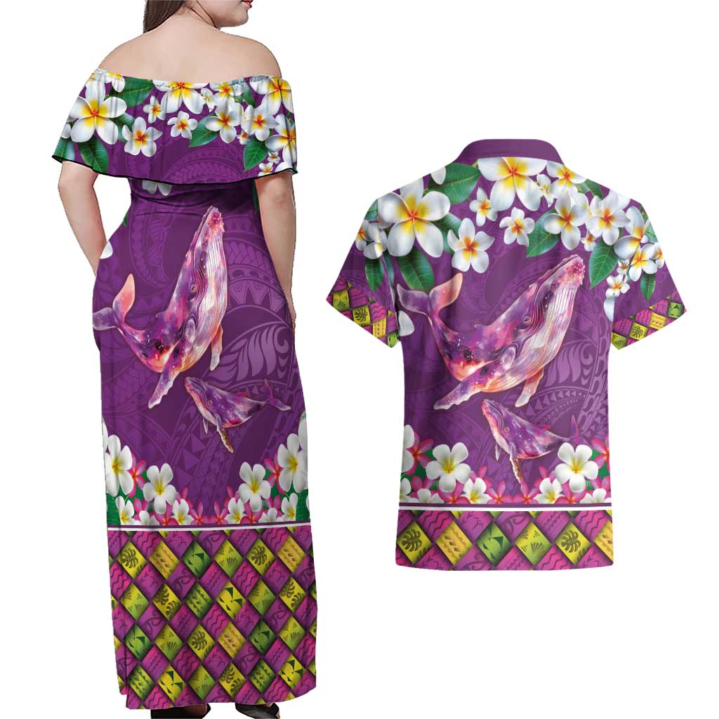 Hawaiian Plumeria and Humpback Whales Couples Matching Off Shoulder Maxi Dress and Hawaiian Shirt Polynerian Art Tattoo-Mauve Color