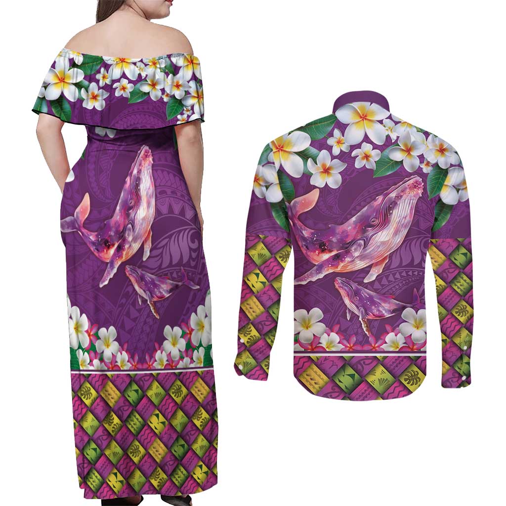 Hawaiian Plumeria and Humpback Whales Couples Matching Off Shoulder Maxi Dress and Long Sleeve Button Shirt Polynerian Art Tattoo-Mauve Color