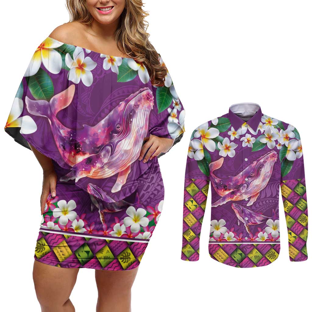 Hawaiian Plumeria and Humpback Whales Couples Matching Off Shoulder Short Dress and Long Sleeve Button Shirt Polynerian Art Tattoo-Mauve Color