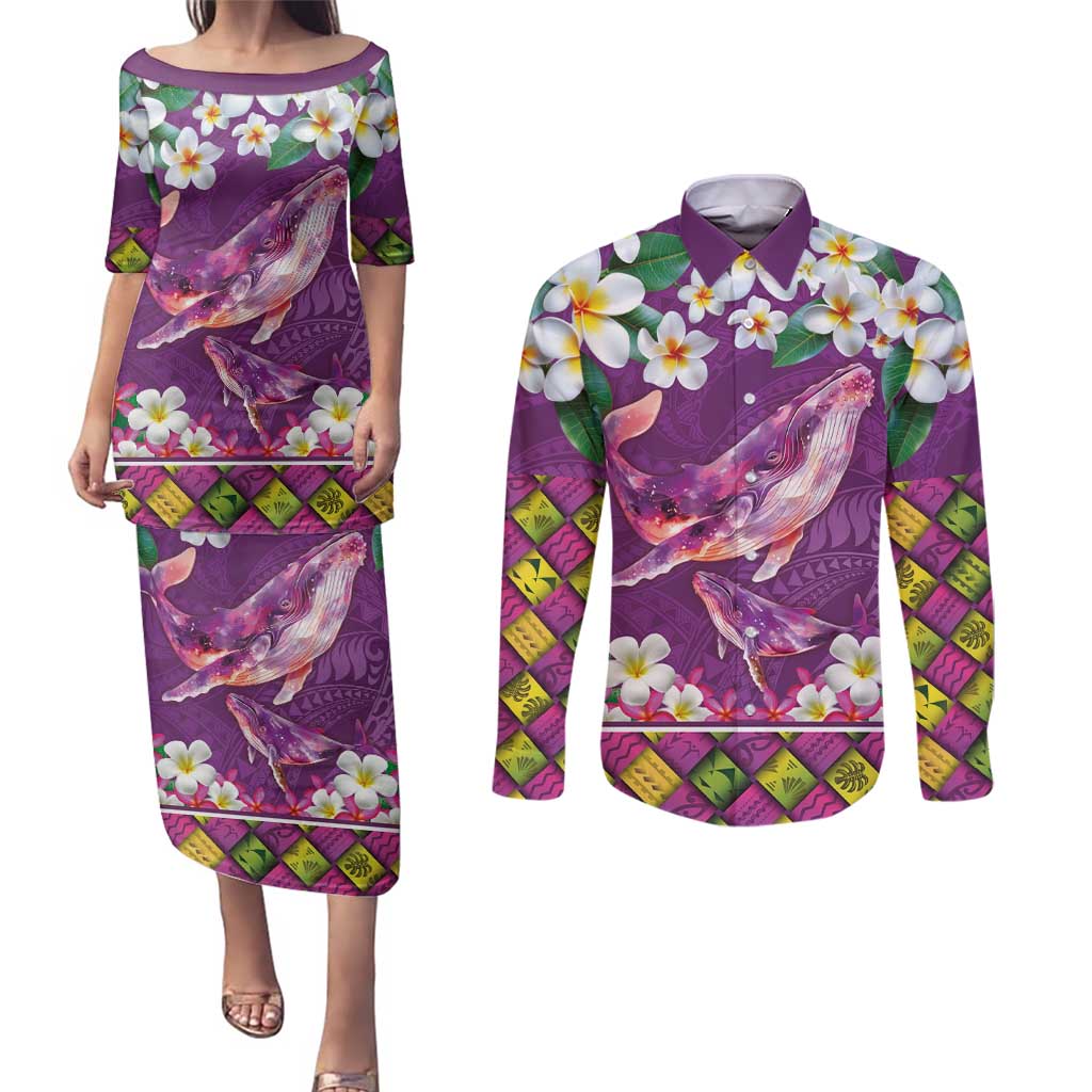 Hawaiian Plumeria and Humpback Whales Couples Matching Puletasi and Long Sleeve Button Shirt Polynerian Art Tattoo-Mauve Color
