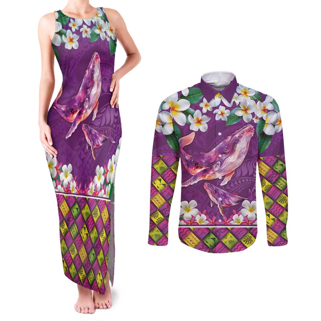 Hawaiian Plumeria and Humpback Whales Couples Matching Tank Maxi Dress and Long Sleeve Button Shirt Polynerian Art Tattoo-Mauve Color