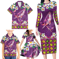 Hawaiian Plumeria and Humpback Whales Family Matching Long Sleeve Bodycon Dress and Hawaiian Shirt Polynerian Art Tattoo-Mauve Color LT03 - Polynesian Pride