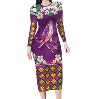Hawaiian Plumeria and Humpback Whales Family Matching Long Sleeve Bodycon Dress and Hawaiian Shirt Polynerian Art Tattoo-Mauve Color LT03 Mom's Dress Purple - Polynesian Pride