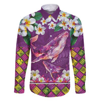 Hawaiian Plumeria and Humpback Whales Family Matching Mermaid Dress and Hawaiian Shirt Polynerian Art Tattoo-Mauve Color LT03 Dad's Shirt - Long Sleeve Purple - Polynesian Pride