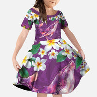Hawaiian Plumeria and Humpback Whales Family Matching Short Sleeve Bodycon Dress and Hawaiian Shirt Polynerian Art Tattoo-Mauve Color LT03 Daughter's Dress Purple - Polynesian Pride