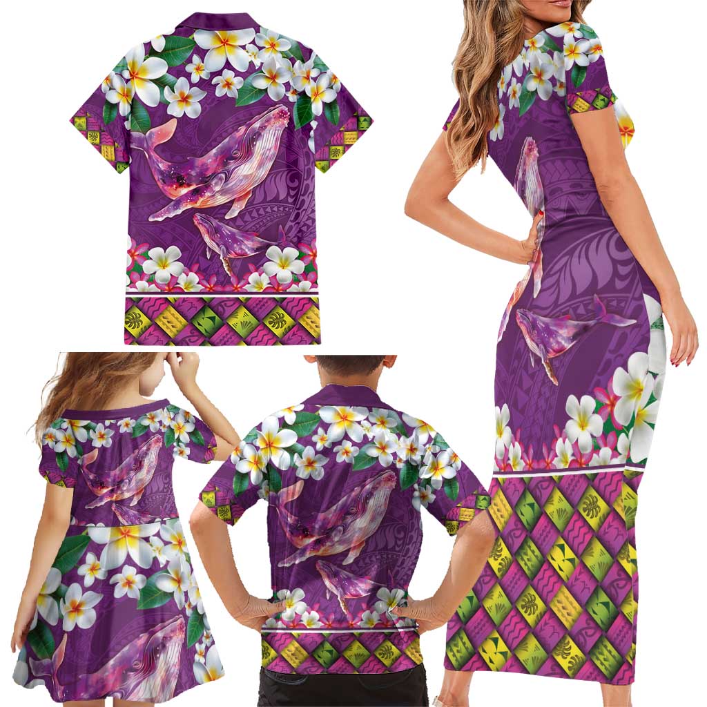 Hawaiian Plumeria and Humpback Whales Family Matching Short Sleeve Bodycon Dress and Hawaiian Shirt Polynerian Art Tattoo-Mauve Color LT03 - Polynesian Pride