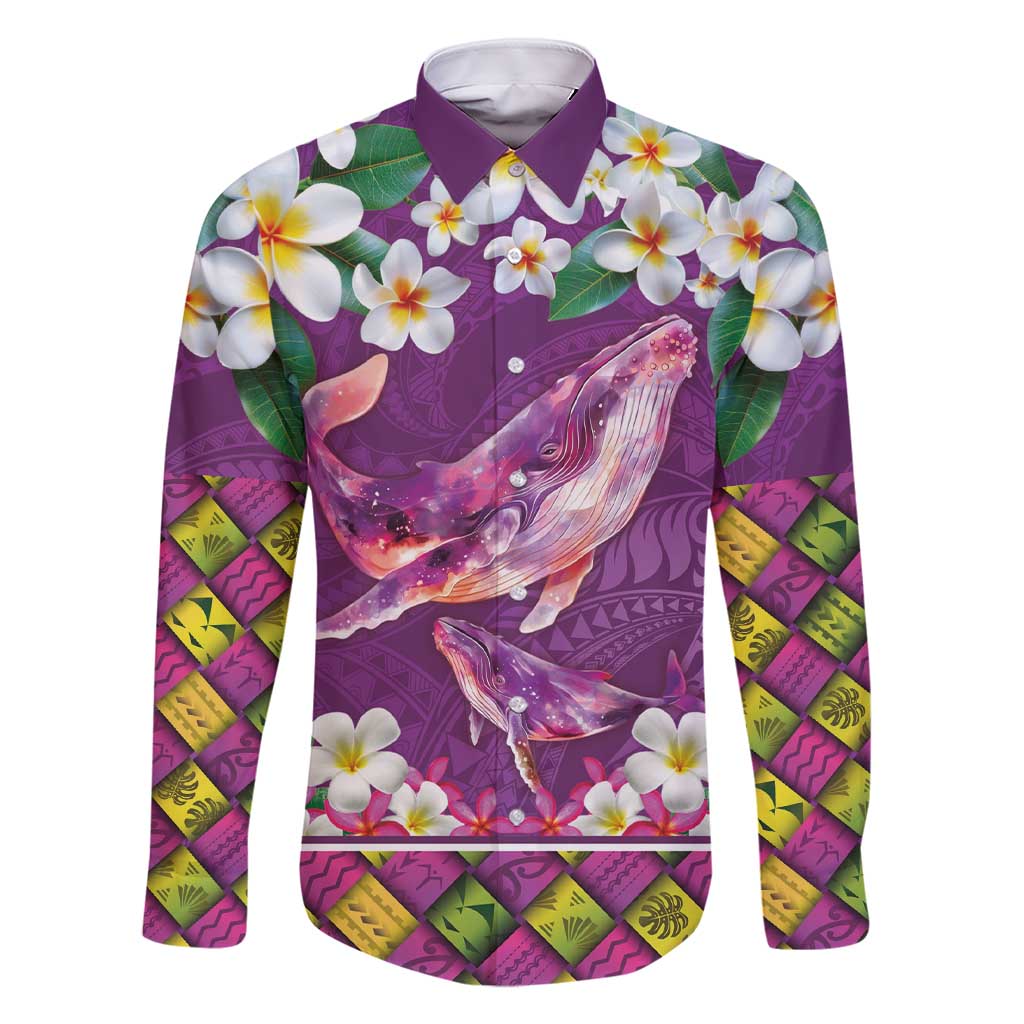 Hawaiian Plumeria and Humpback Whales Family Matching Short Sleeve Bodycon Dress and Hawaiian Shirt Polynerian Art Tattoo-Mauve Color LT03 Dad's Shirt - Long Sleeve Purple - Polynesian Pride