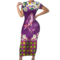 Hawaiian Plumeria and Humpback Whales Family Matching Short Sleeve Bodycon Dress and Hawaiian Shirt Polynerian Art Tattoo-Mauve Color LT03 Mom's Dress Purple - Polynesian Pride