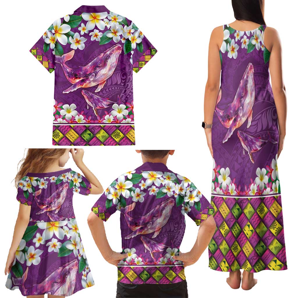 Hawaiian Plumeria and Humpback Whales Family Matching Tank Maxi Dress and Hawaiian Shirt Polynerian Art Tattoo-Mauve Color