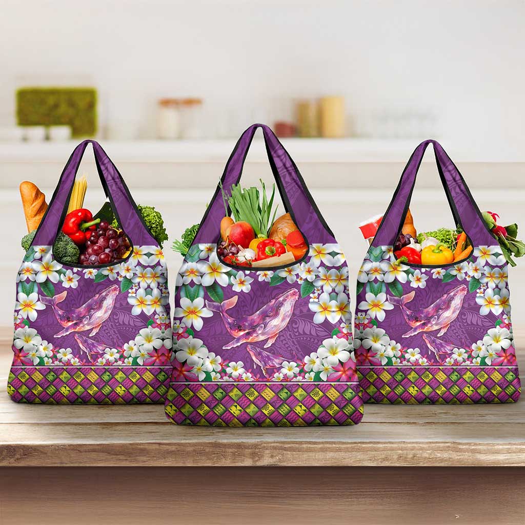 Hawaiian Plumeria and Humpback Whales Grocery Bag Polynerian Art Tattoo-Mauve Color
