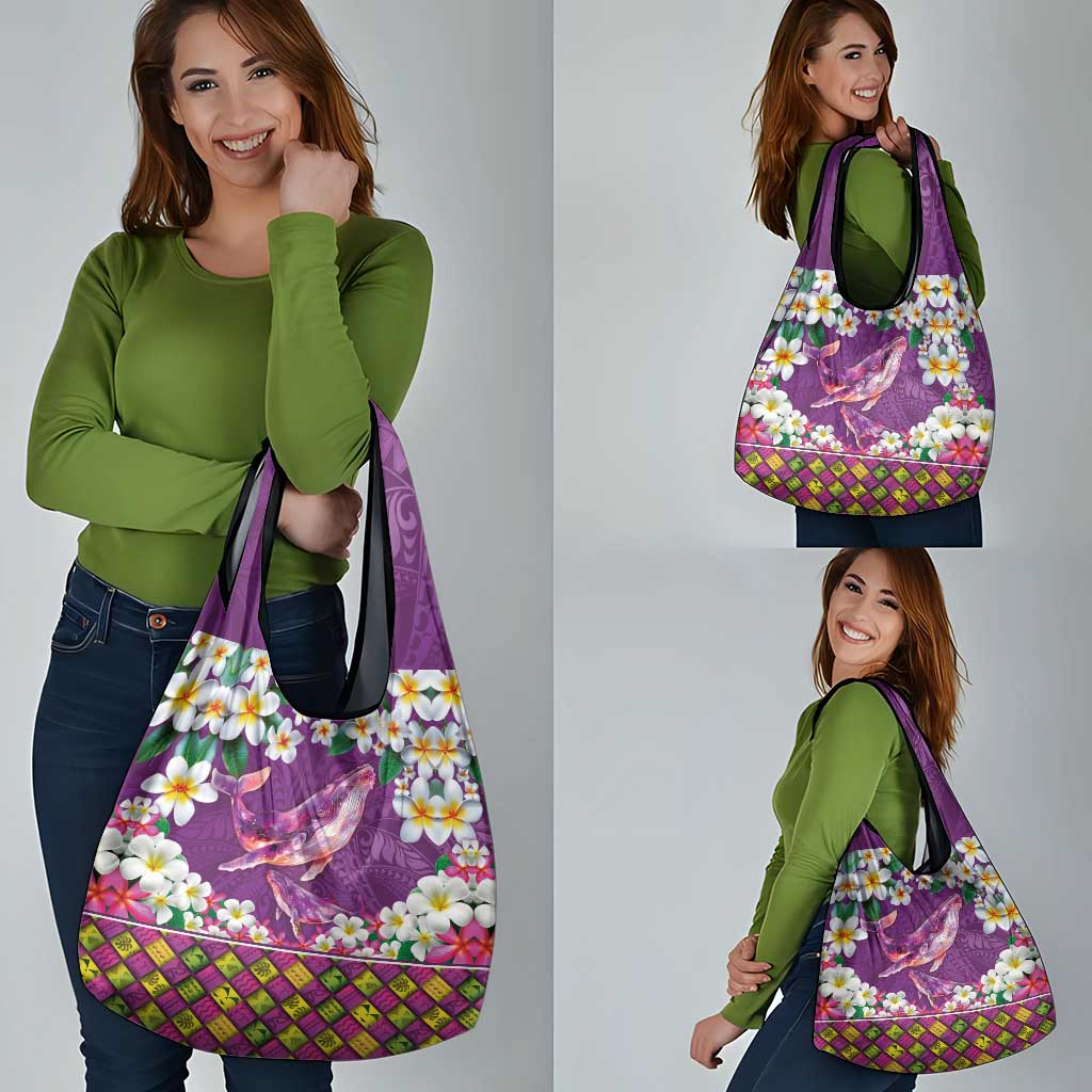Hawaiian Plumeria and Humpback Whales Grocery Bag Polynerian Art Tattoo-Mauve Color