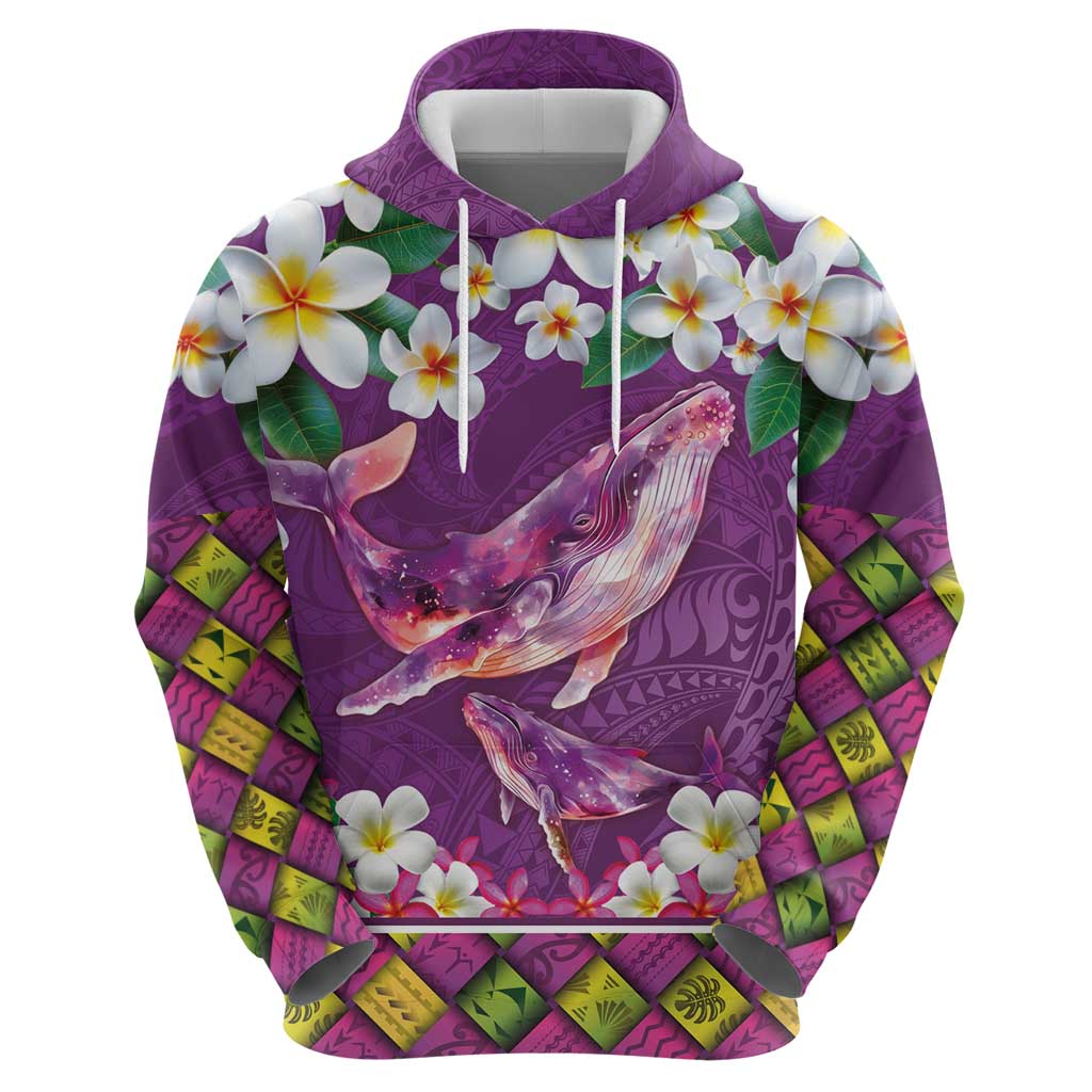 Hawaiian Plumeria and Humpback Whales Hoodie Polynerian Art Tattoo-Mauve Color
