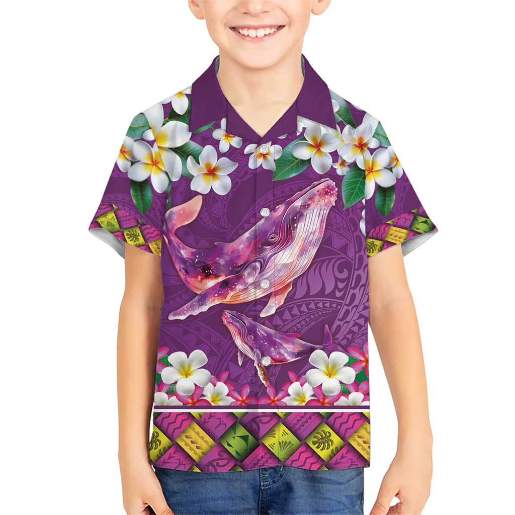 Hawaiian Plumeria and Humpback Whales Kid Hawaiian Shirt Polynerian Art Tattoo-Mauve Color