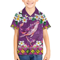 Hawaiian Plumeria and Humpback Whales Kid Hawaiian Shirt Polynerian Art Tattoo-Mauve Color