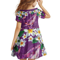 Hawaiian Plumeria and Humpback Whales Kid Short Sleeve Dress Polynerian Art Tattoo-Mauve Color
