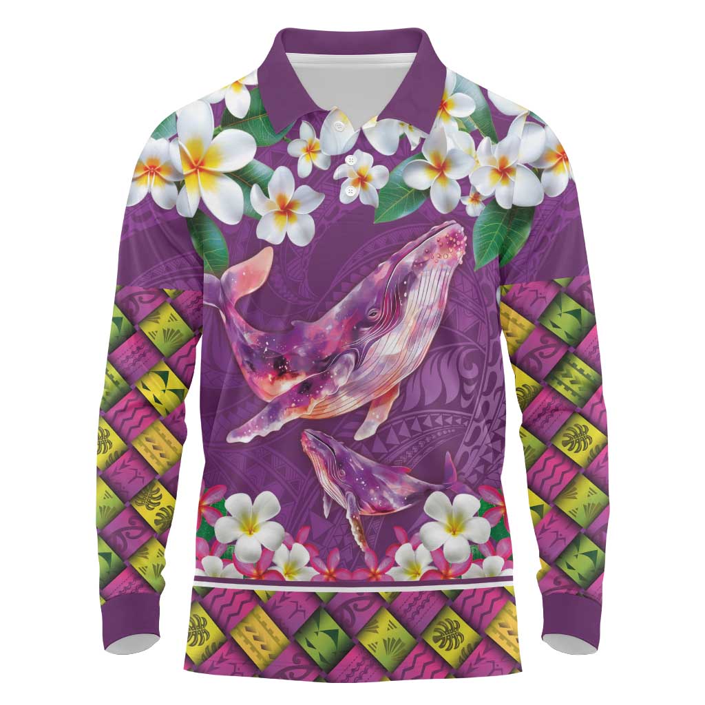 Hawaiian Plumeria and Humpback Whales Long Sleeve Polo Shirt Polynerian Art Tattoo-Mauve Color LT03 Purple - Polynesian Pride