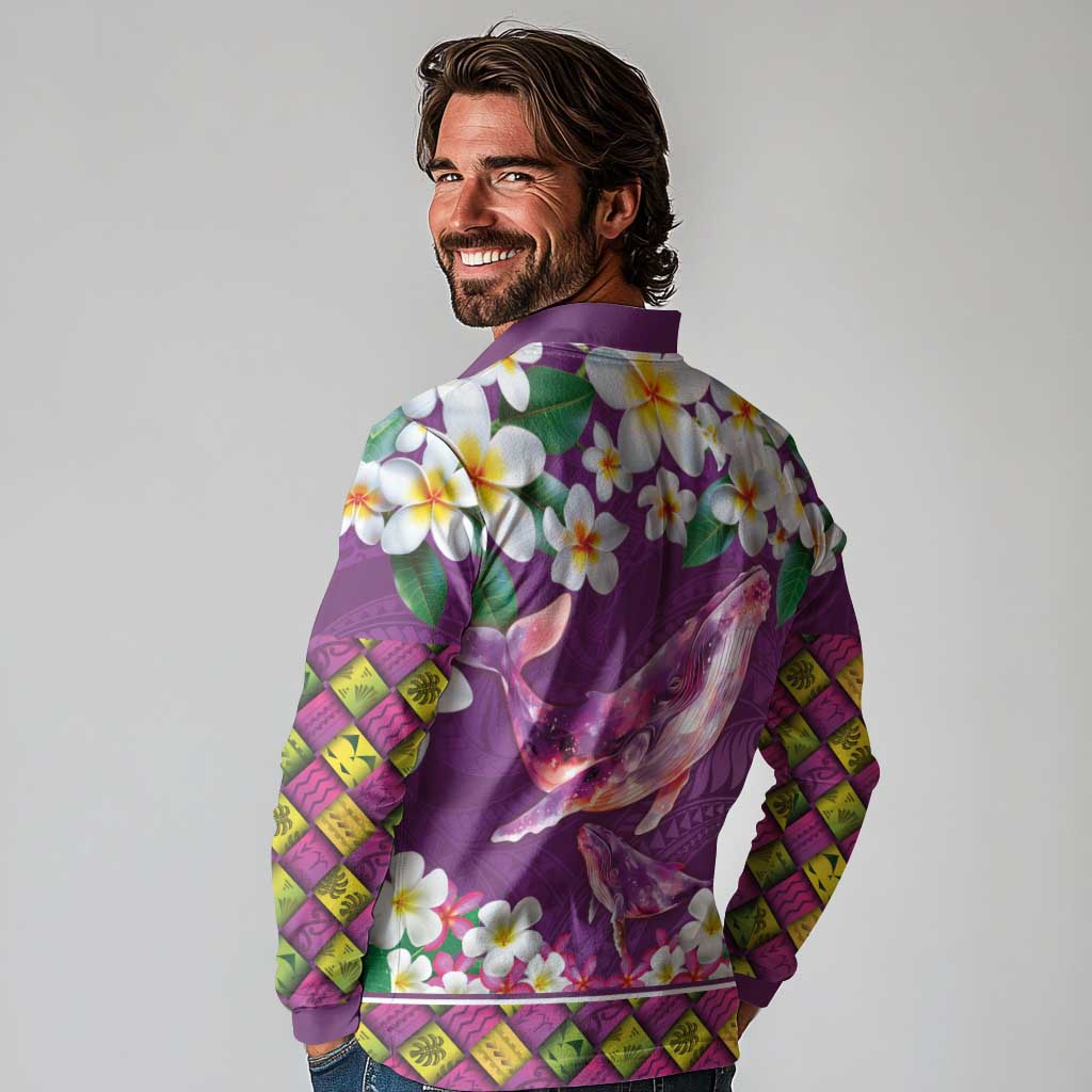 Hawaiian Plumeria and Humpback Whales Long Sleeve Polo Shirt Polynerian Art Tattoo-Mauve Color LT03 - Polynesian Pride