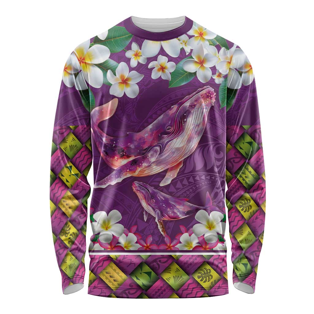 Hawaiian Plumeria and Humpback Whales Long Sleeve Shirt Polynerian Art Tattoo-Mauve Color