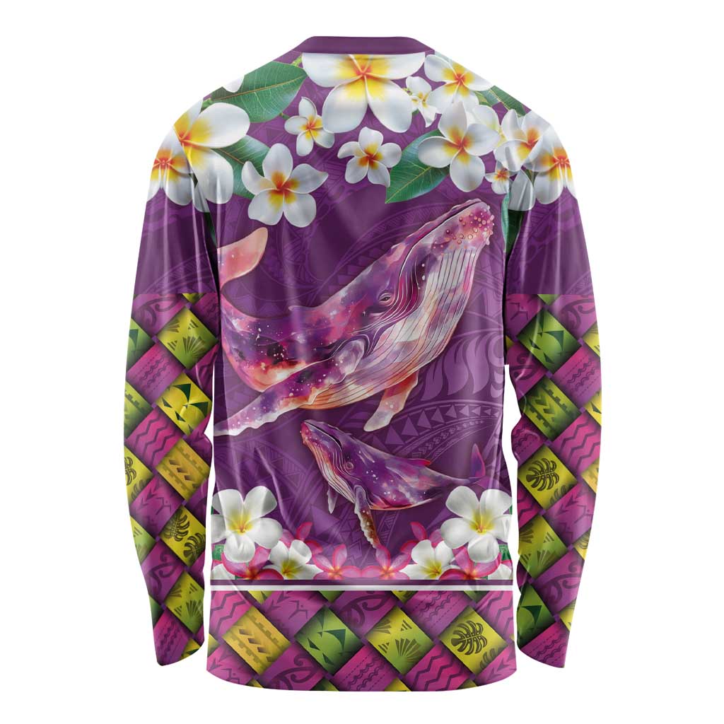 Hawaiian Plumeria and Humpback Whales Long Sleeve Shirt Polynerian Art Tattoo-Mauve Color