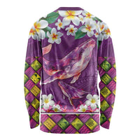 Hawaiian Plumeria and Humpback Whales Long Sleeve Shirt Polynerian Art Tattoo-Mauve Color