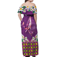 Hawaiian Plumeria and Humpback Whales Off Shoulder Maxi Dress Polynerian Art Tattoo-Mauve Color