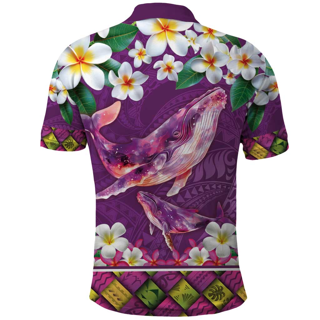 Hawaiian Plumeria and Humpback Whales Polo Shirt Polynerian Art Tattoo-Mauve Color