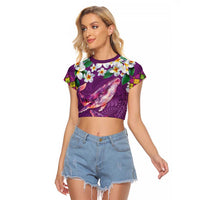 Hawaiian Plumeria and Humpback Whales Raglan Cropped T Shirt Polynerian Art Tattoo-Mauve Color