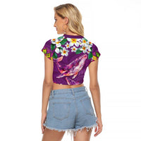 Hawaiian Plumeria and Humpback Whales Raglan Cropped T Shirt Polynerian Art Tattoo-Mauve Color