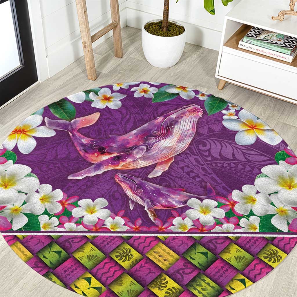 Hawaiian Plumeria and Humpback Whales Round Carpet Polynerian Art Tattoo-Mauve Color