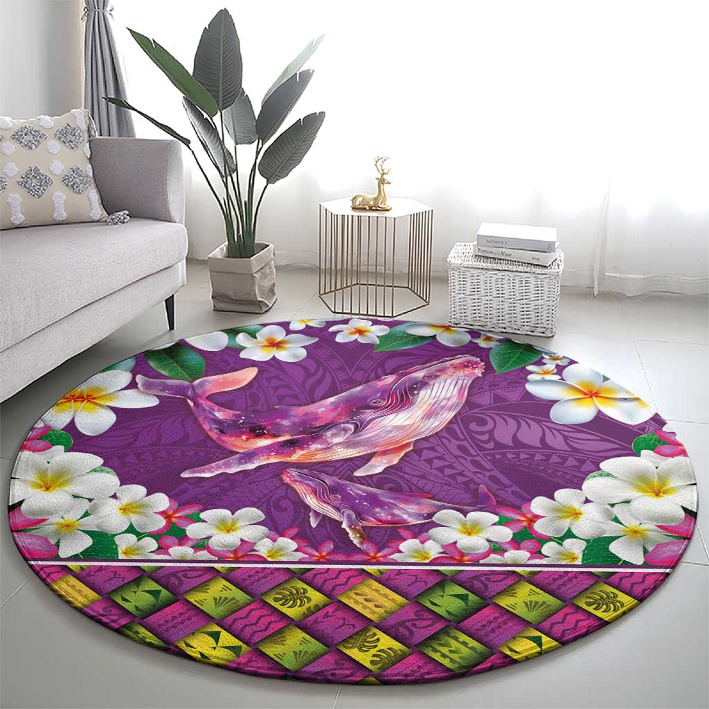 Hawaiian Plumeria and Humpback Whales Round Carpet Polynerian Art Tattoo-Mauve Color